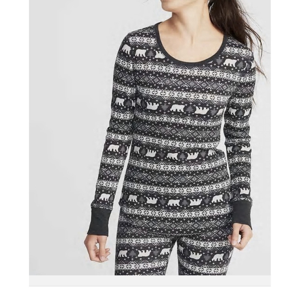 Old Navy NWT Woman Juniors L Nordic Fair Isle Black/Gray Waffle Knit Thermal Top